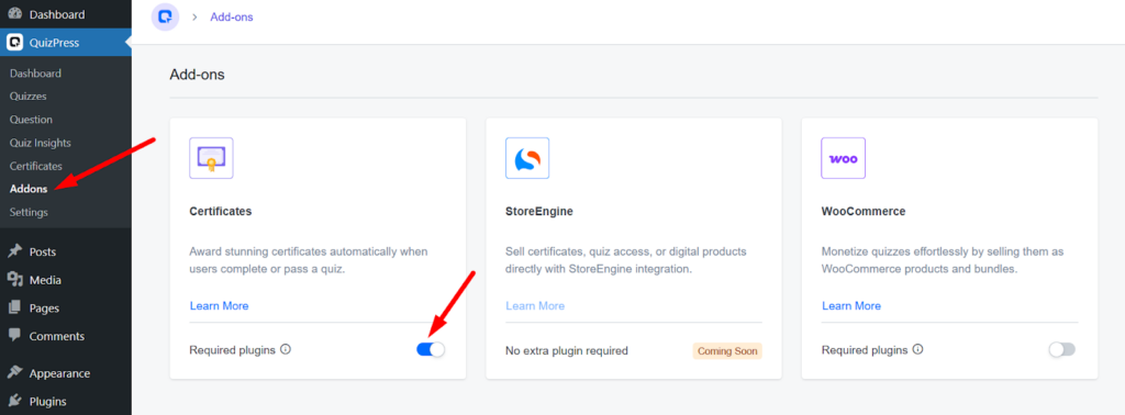 Enable the QuizPress Certificate Addon