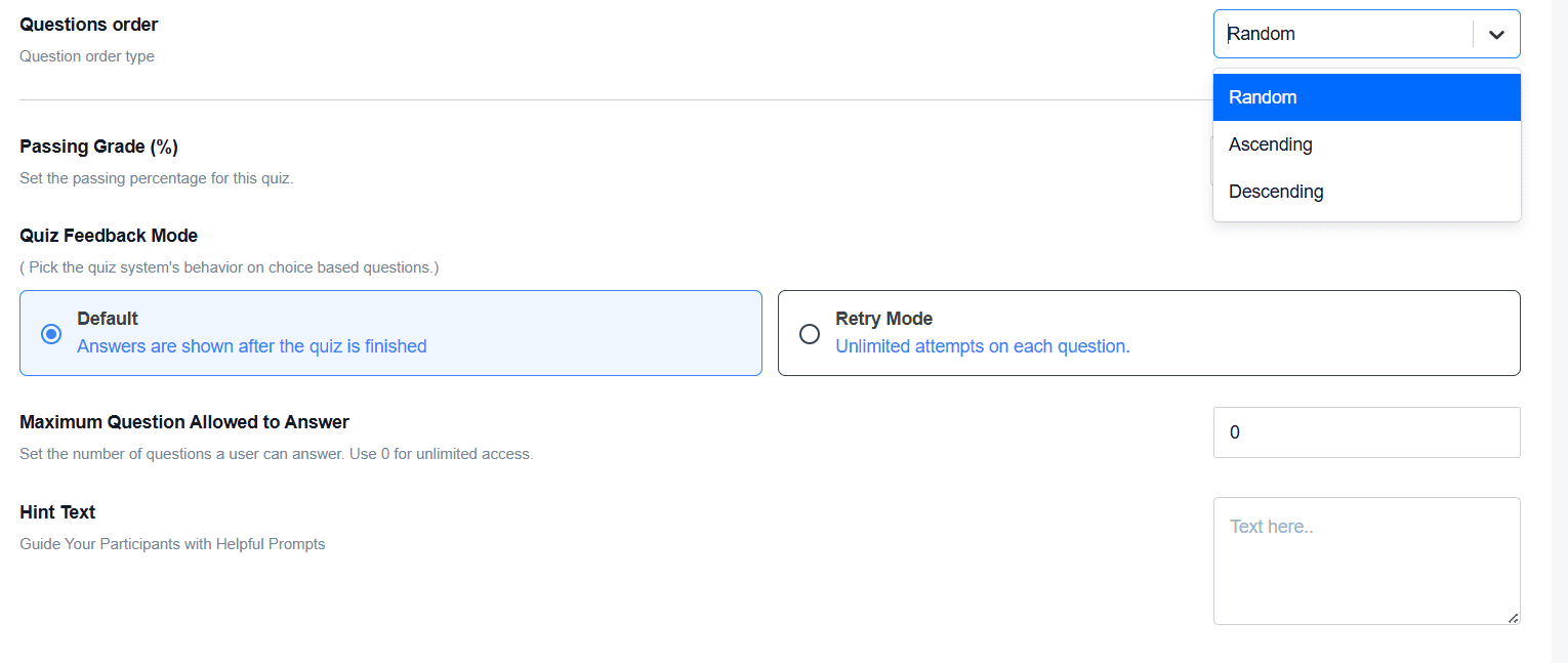 Questions Order Questions Order